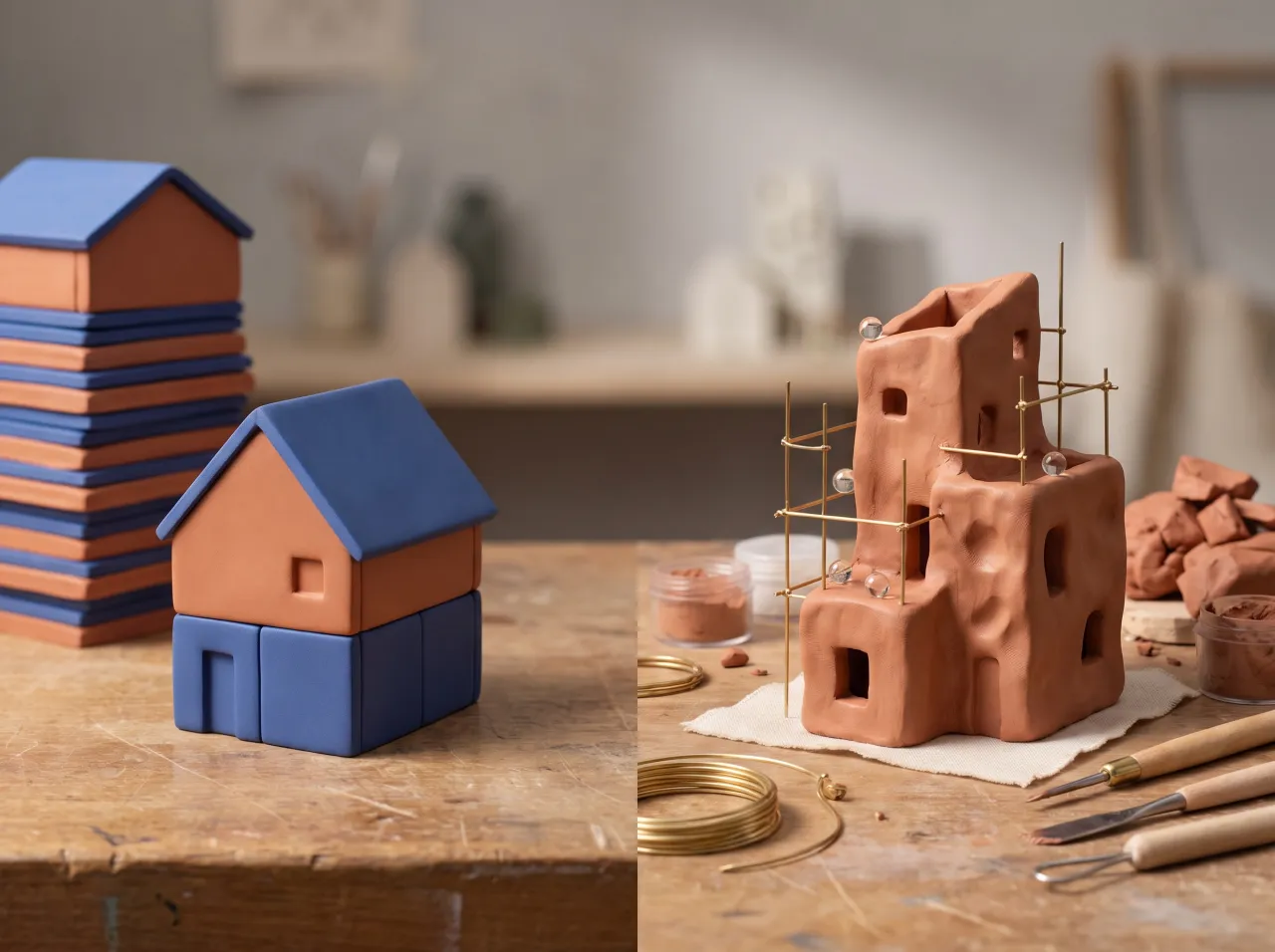 Due strutture in miniatura di argilla affiancate, una prefabbricata e una modellata a mano