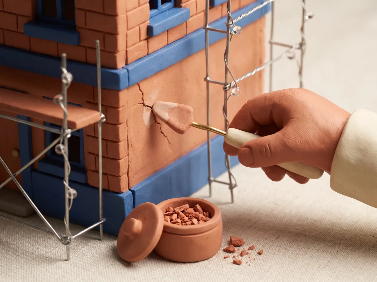 Mano in miniatura che ripara con cura una piccola crepa su una struttura di argilla