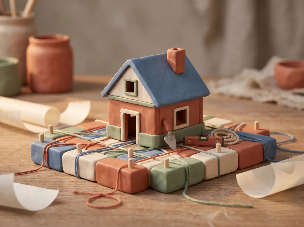 Miniatura di una piccola casa in argilla costruita seguendo lo schema di blocchi e fili di una mappa concettuale