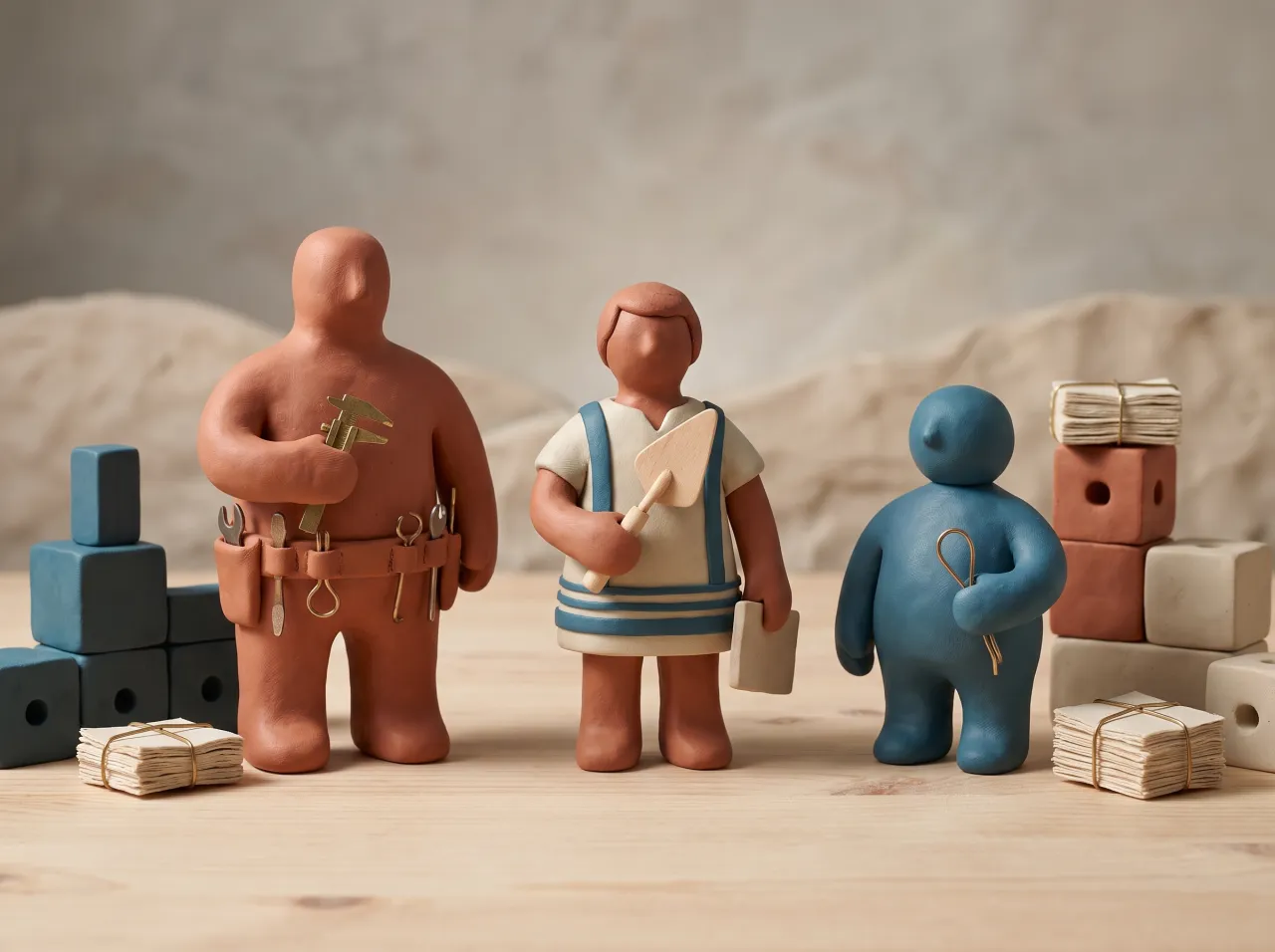 Tre piccole figure in argilla di dimensioni diverse disposte su un tavolo, ognuna con uno strumento diverso in mano