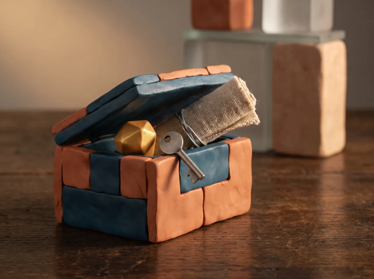 Miniatura claymotion di una piccola scatola di argilla con un lucchetto artigianale che si apre lasciando uscire piccoli oggetti personali