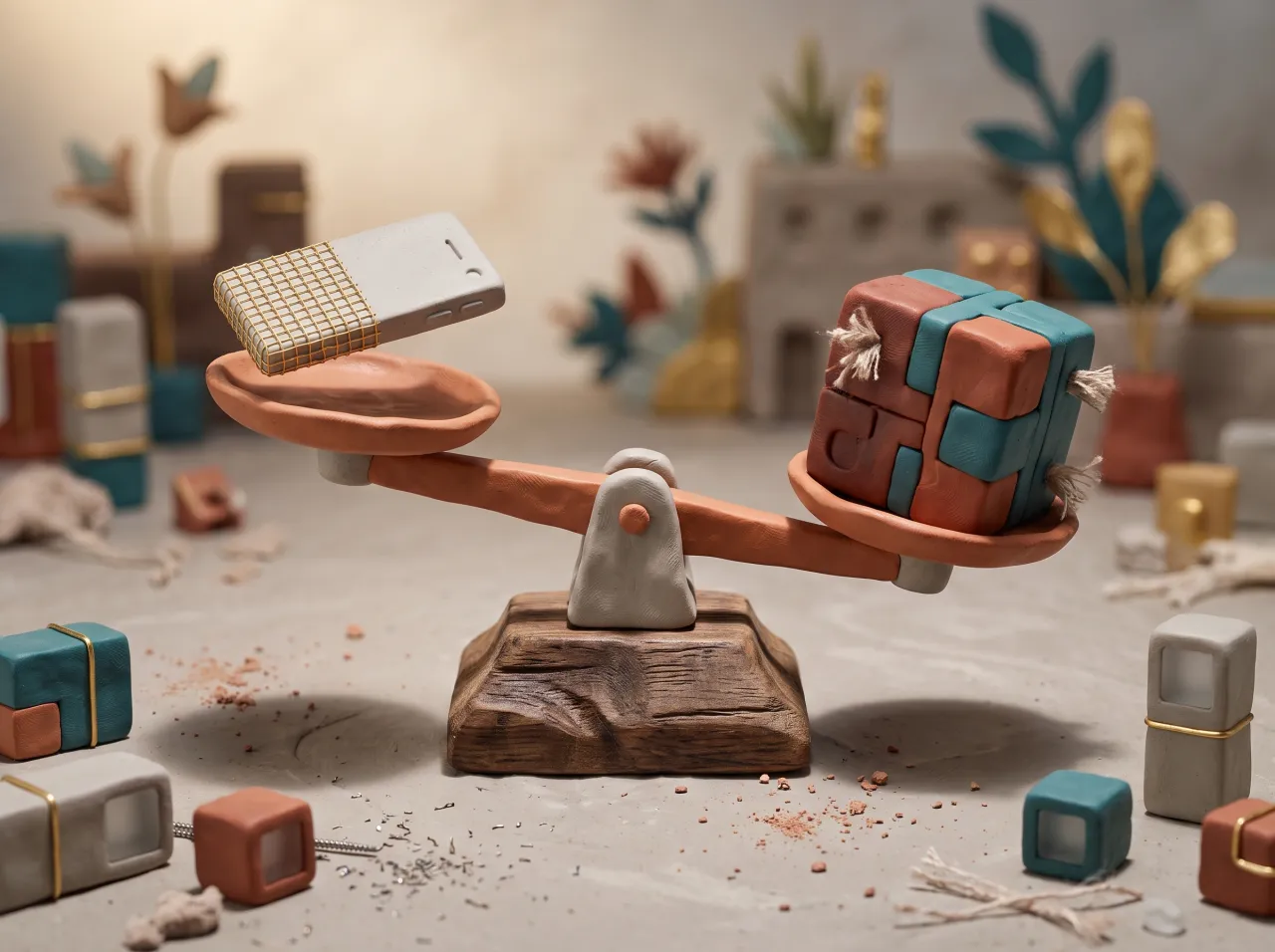 Miniatura claymotion di una piccola bilancia artigianale in argilla che confronta un blocco leggero e uno pesante
